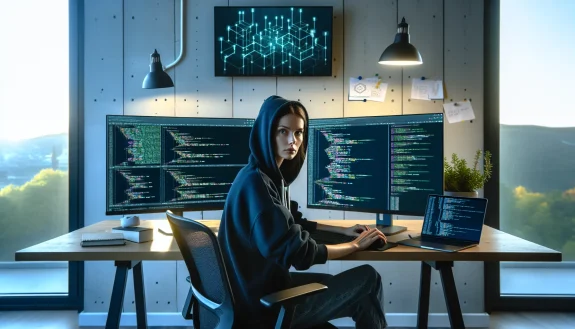 developer-reviewing-smart-contract-code-and-security-audit-report-on-dual-monitors-in-tech-office