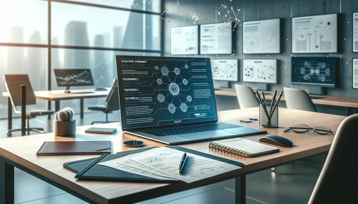 professional-desk-with-laptop-showing-crypto-whitepaper-template-and-printed-documentation-in-modern