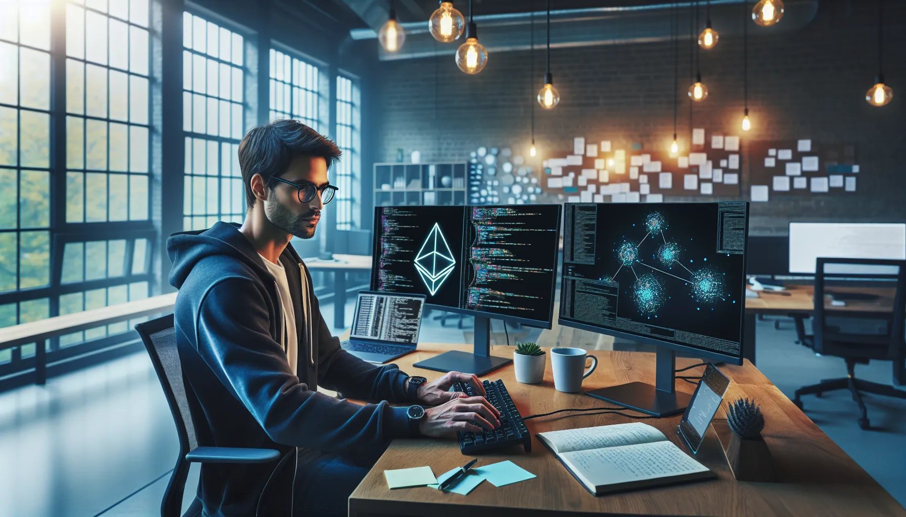 developer-coding-blockchain-applications-on-dual-monitors-showing-ethereum-layer-2-network-diagrams