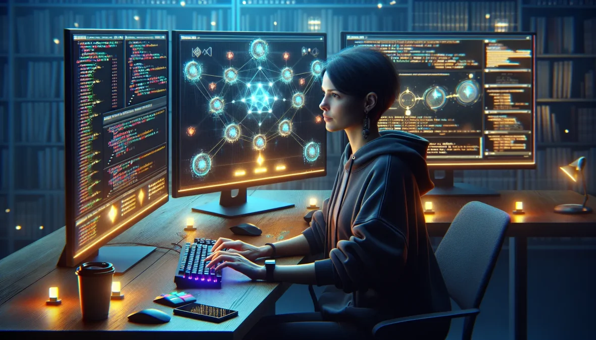 software-developer-coding-blockchain-smart-contracts-on-multiple-monitors-in-urban-tech-workspace