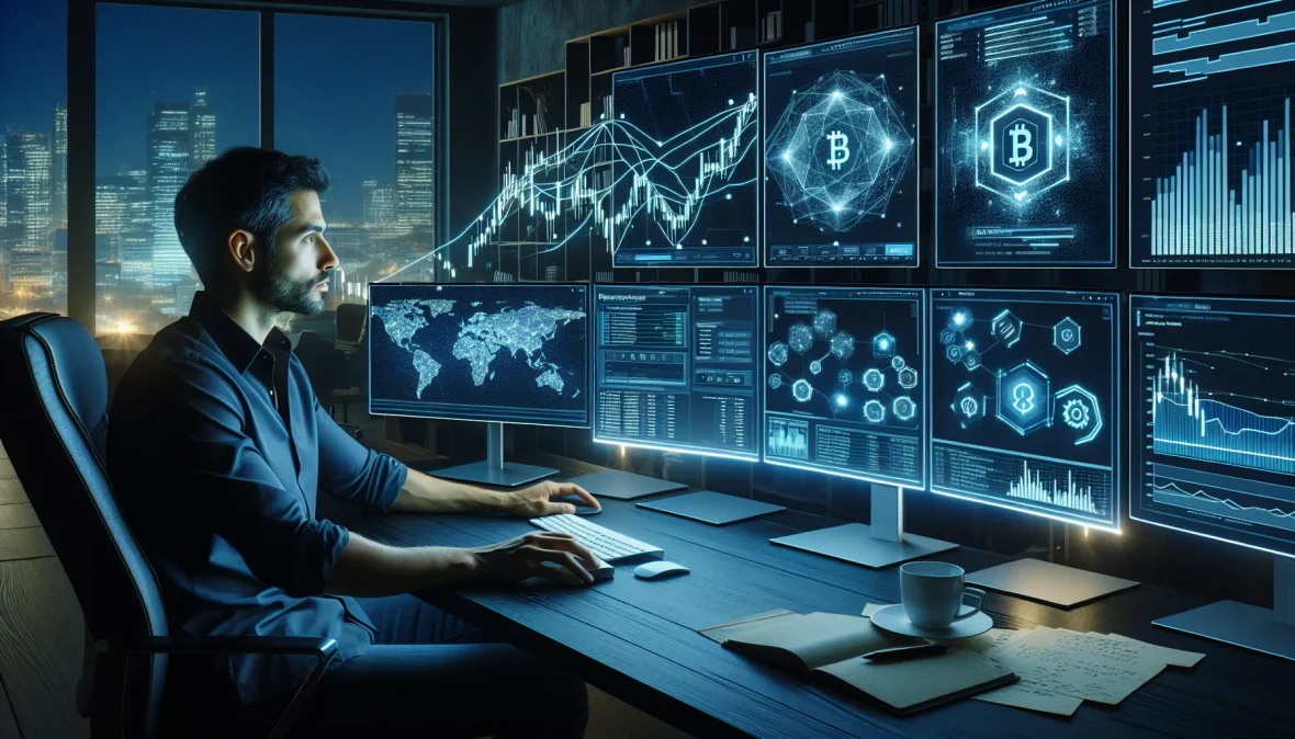 trader-at-computer-monitors-displaying-mirror-protocol-synthetic-asset-interface-and-blockchain-data